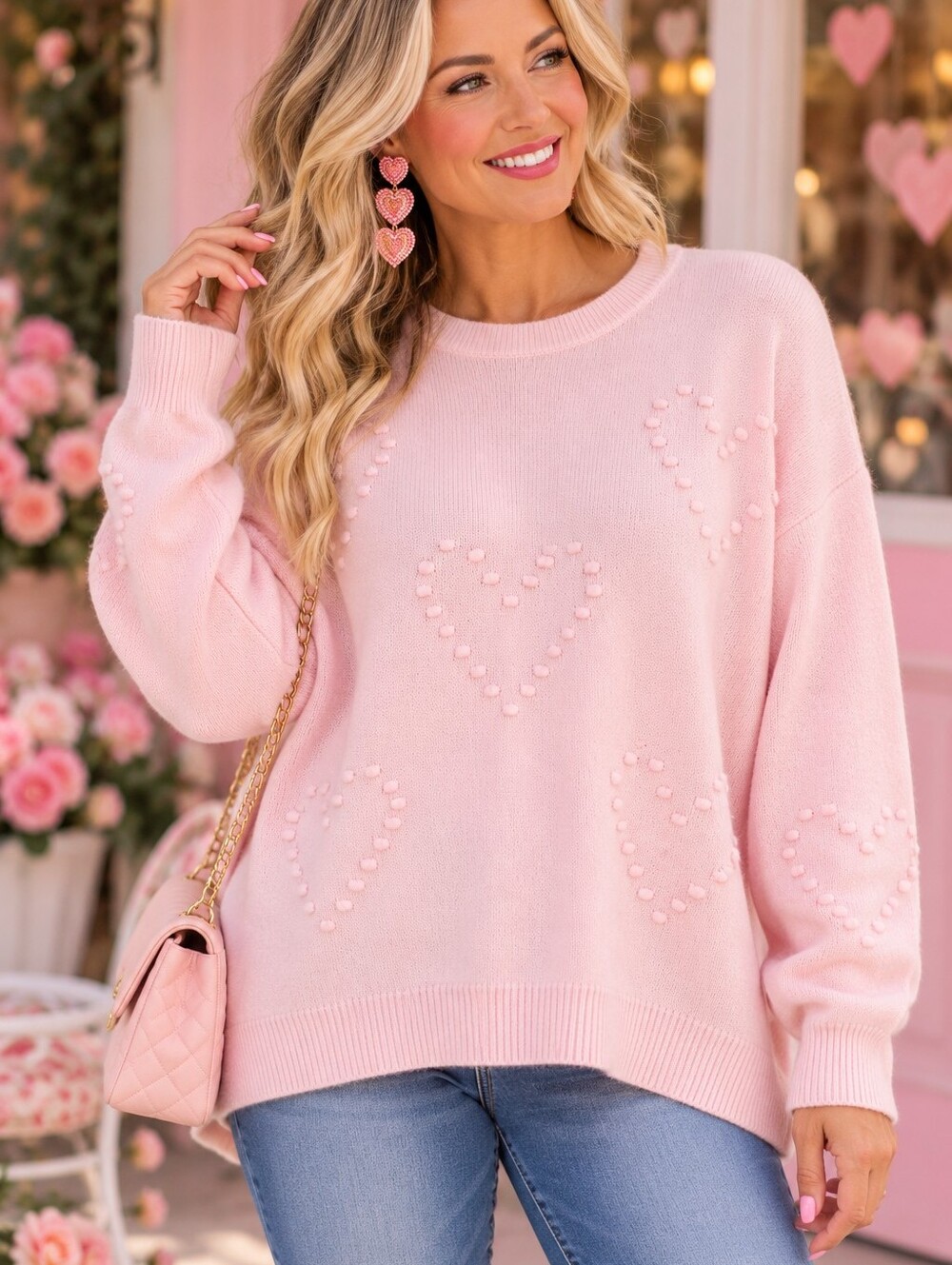 CeCe 3X Pink Horizon Textured Heart Crewneck Sweater NWT